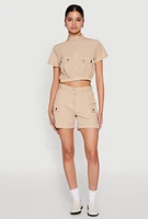Womens Mock Neck Cargo Pocket Crop Top,