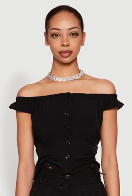 Womens Toggle Drawstring Off The Shoulder Crop Top,