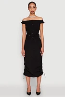 Womens Toggle Drawstring Off The Shoulder Crop Top, Black, Size L