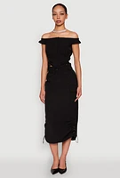 Womens Toggle Drawstring Off The Shoulder Crop Top, Black,