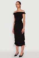 Womens Toggle Drawstring Off The Shoulder Crop Top, Black,