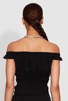 Womens Toggle Drawstring Off The Shoulder Crop Top, Black,