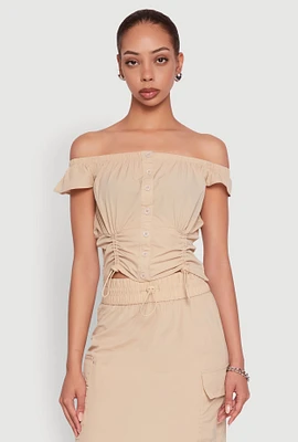 Womens Toggle Drawstring Off The Shoulder Crop Top,