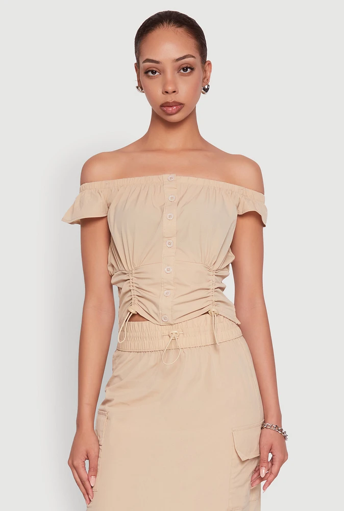 Womens Toggle Drawstring Off The Shoulder Crop Top,