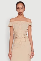 Womens Toggle Drawstring Off The Shoulder Crop Top,