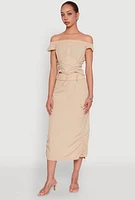 Womens Toggle Drawstring Off The Shoulder Crop Top,