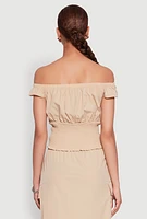 Womens Toggle Drawstring Off The Shoulder Crop Top,