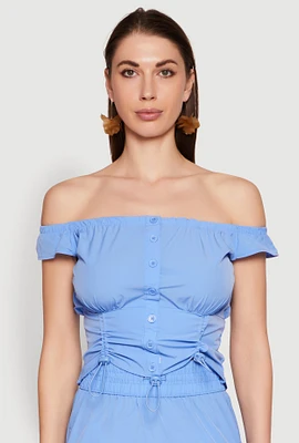 Womens Toggle Drawstring Off The Shoulder Crop Top,