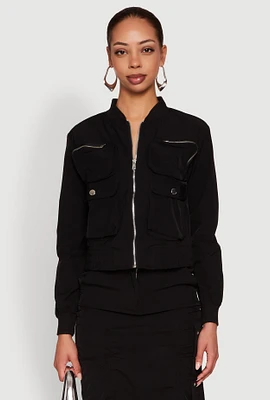 Womens Cargo Pocket Windbreaker Bomber Jacket, Black,