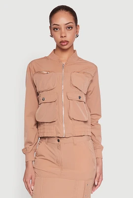 Womens Cargo Pocket Windbreaker Bomber Jacket,