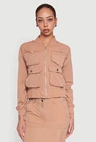 Womens Cargo Pocket Windbreaker Bomber Jacket,
