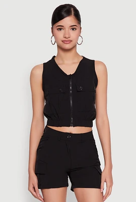 Womens Sleeveless Cargo Pocket Crop Top, L