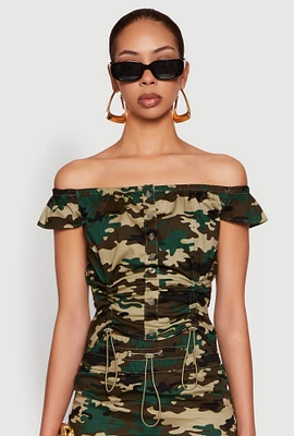 Womens Camouflage Off the Shoulder Top, Green, Size M