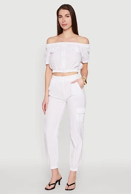Womens Elastic Waist Cargo Joggers, White, Size XL