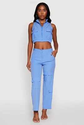 Womens High Waisted Wide Leg Stretch Cargo Pants, Blue, Size M