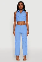 Womens High Waisted Wide Leg Stretch Cargo Pants, Blue, Size M