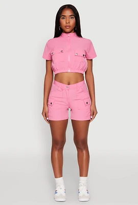 Womens High Waisted Cargo Shorts, Pink, Size XL