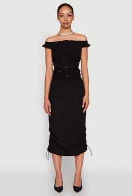 Womens Toggle Drawstring Hem Midi Cargo Skirt, Black, Size S
