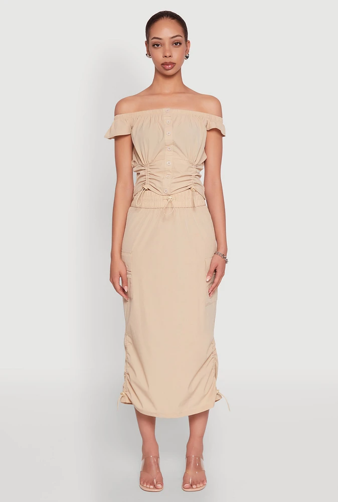 Womens Toggle Drawstring Hem Midi Cargo Skirt,