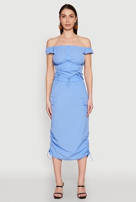 Womens Toggle Drawstring Hem Midi Cargo Skirt, Blue, Size L