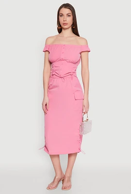 Womens Toggle Drawstring Hem Midi Cargo Skirt, Pink,