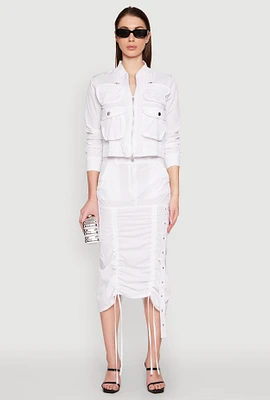 Womens High Waisted Grommet Detail Drawstring Skirt, White, Size L