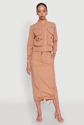 Womens High Waisted Grommet Detail Drawstring Skirt, Beige, Size M