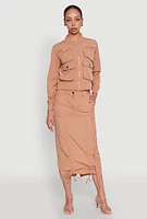 Womens High Waisted Grommet Detail Drawstring Skirt, Beige, Size M
