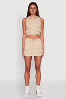 Womens Nylon Drawstring Mini Skirt, Khaki, Size L
