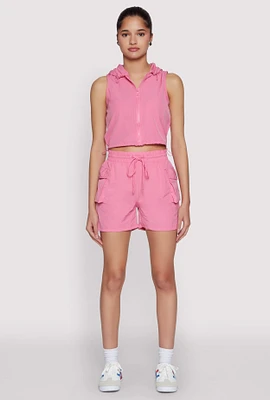 Womens Drawstring Waist Cargo Shorts, Pink, Size M