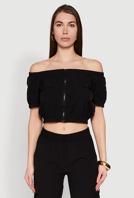 Womens Puff Sleeve Zip Front Crop Top, Black, Size XL