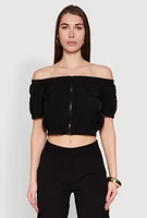 Womens Puff Sleeve Zip Front Crop Top, Black, Size XL
