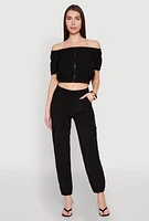 Womens Puff Sleeve Zip Front Crop Top, Black, Size XL