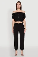 Womens Puff Sleeve Zip Front Crop Top, Black, Size XL