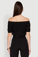 Womens Puff Sleeve Zip Front Crop Top, Black, Size XL