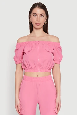 Womens Puff Sleeve Zip Front Crop Top, Pink, Size M