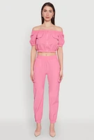 Womens Puff Sleeve Zip Front Crop Top, Pink, Size M