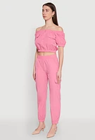 Womens Puff Sleeve Zip Front Crop Top, Pink, Size M
