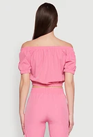 Womens Puff Sleeve Zip Front Crop Top, Pink, Size M