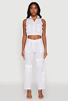 Womens Zip Front Cargo Pocket Windbreaker Vest, White, Size S