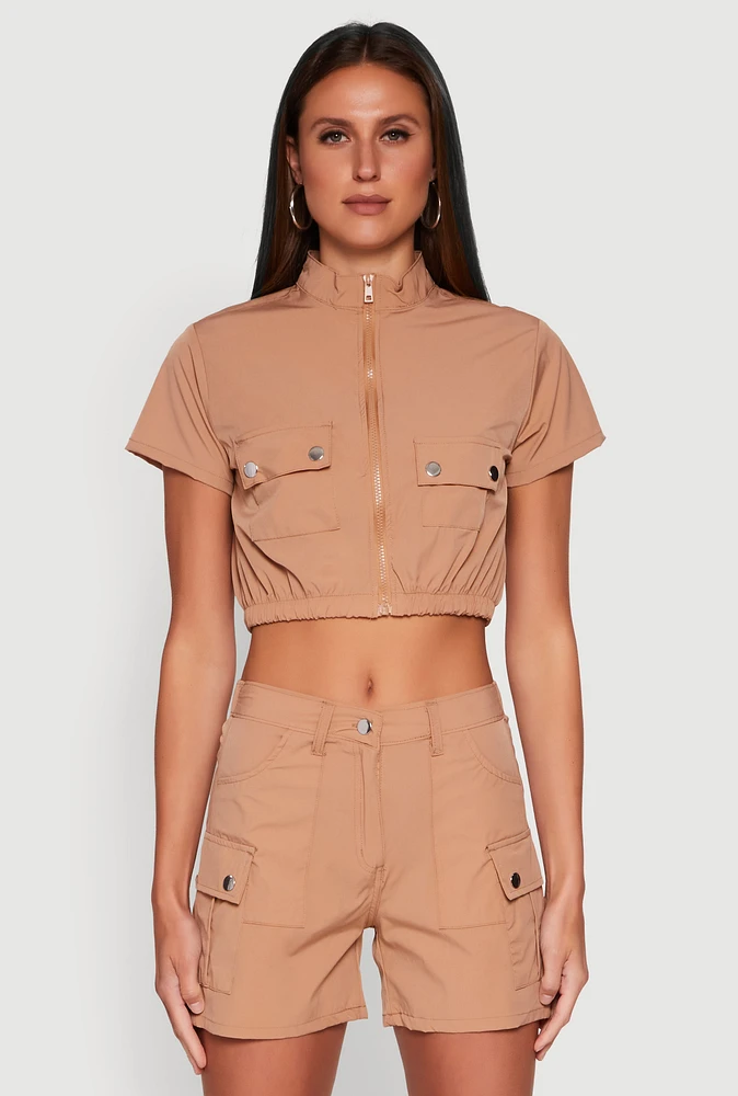Womens Nylon Utility Zip Front Top,