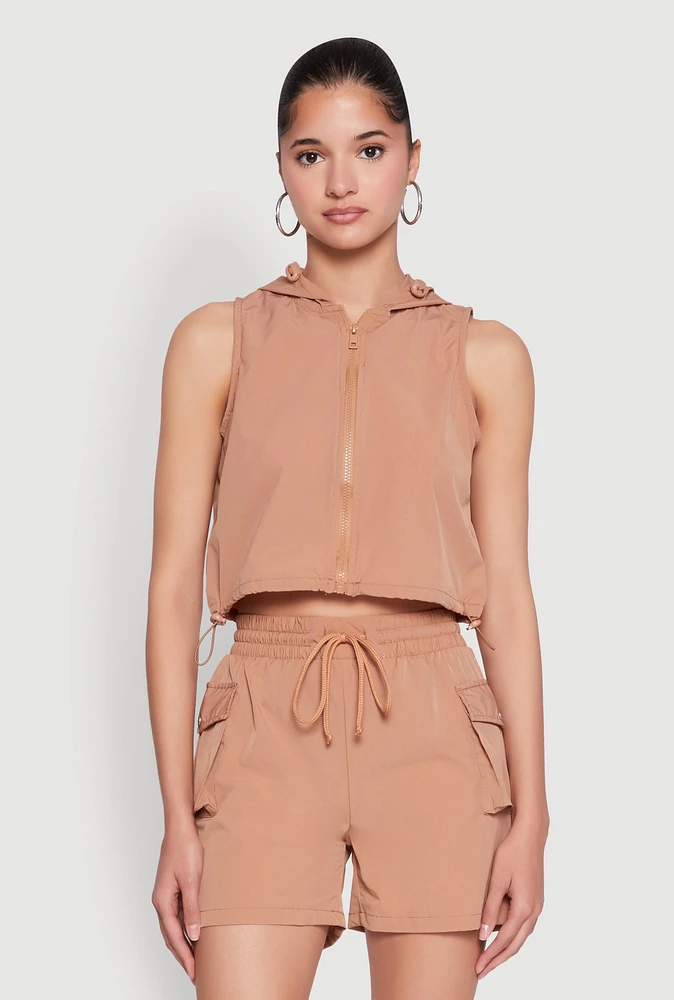 Womens Hooded Drawstring Hem Track Jacket, Beige,