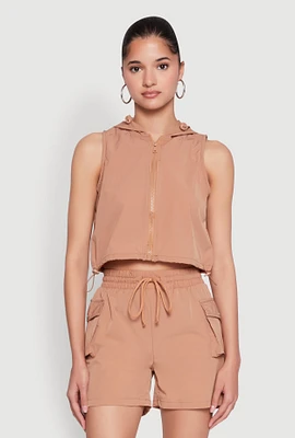 Womens Hooded Drawstring Hem Track Jacket, Beige,