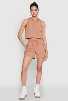 Womens Hooded Drawstring Hem Track Jacket, Beige,