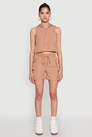 Womens Hooded Drawstring Hem Track Jacket, Beige,