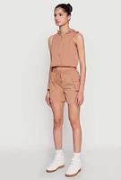 Womens Hooded Drawstring Hem Track Jacket, Beige,