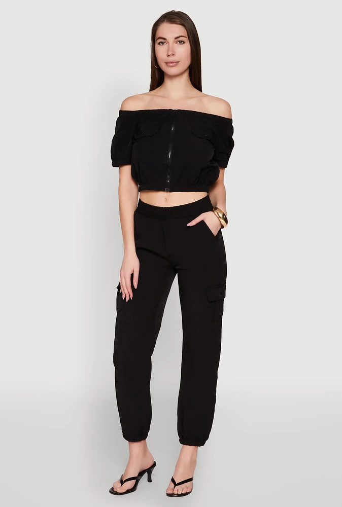 Womens Smocked High Waisted Cargo Joggers,