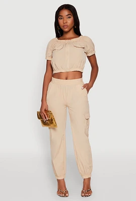 Womens Smocked High Waisted Cargo Joggers,