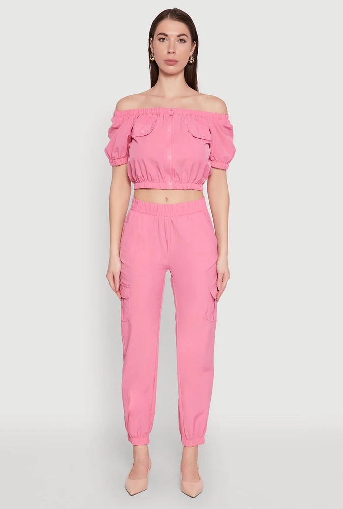 Womens Smocked High Waisted Cargo Joggers, Pink, Size S