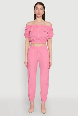 Womens Smocked High Waisted Cargo Joggers, Pink, Size S